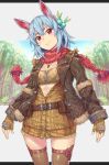  1girl :} animal_ears bandeau bangs belt_buckle belt_pouch blue_hair blue_sky breasts brown_belt brown_gloves brown_jacket brown_legwear buckle buttons carrot_necklace closed_mouth commentary fang feathers fingerless_gloves fur-trimmed_jacket fur_trim gloves grass green_feathers hair_between_eyes hair_feathers hair_ornament head_tilt highres jacket jewelry komase_(jkp423) legs_apart letterboxed long_sleeves looking_at_viewer medium_hair necklace open_clothes open_jacket original partially_unbuttoned pom_pom_(clothes) red_eyes red_scarf scarf shiny shiny_hair short_eyebrows sidelocks sky small_breasts smile solo spiky_hair standing sunlight thigh-highs tree zipper zipper_pull_tab 