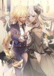  2girls alternate_costume black_bow black_gloves blonde_hair bow braid caster_(fate/zero) closed_eyes commentary dancing dress fate/grand_order fate_(series) formal gloves hair_bow hair_ornament hand_holding highres jeanne_d&#039;arc_(fate) jeanne_d&#039;arc_(fate)_(all) long_braid long_hair marie_antoinette_(fate/grand_order) multiple_girls necktie no-kan silver_hair single_braid smile sparkle strapless strapless_dress suit sweat very_long_hair white_gloves wolfgang_amadeus_mozart_(fate/grand_order) 