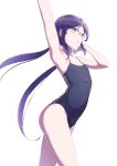  1girl arched_back armpits arms_up black_swimsuit blush closed_mouth collarbone competition_school_swimsuit double_vertical_stripe eyebrows_visible_through_hair flat_chest from_side glasses grey-framed_eyewear highres kurosa_kichi long_hair looking_at_viewer looking_to_the_side low_twintails muroto_aki over-rim_eyewear photokano purple_hair semi-rimless_eyewear shiny shiny_hair sidelocks simple_background smile solo swimsuit thighs twintails violet_eyes white_background 