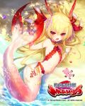  1girl arm_up armpits beach bikini_top blonde_hair character_request copyright_name fang fish_tail flat_chest horns long_hair lying matataki mermaid monster_girl navel ocean official_art on_side open_mouth outdoors red_eyes ribbon sengoku_bushouki_muramasa solo tail tail_hold tail_raised water 