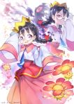  1girl 2018 :d adjusting_eyewear ario artist_name bira black_hair blue_neckwear braid breasts crown dated evil_grin evil_smile eyebrows eyebrows_visible_through_hair flower freckles glasses grin hair_ribbon hands_up kirby kirby_(series) kirby_64 long_hair long_skirt necktie no_wings open_mouth petals pink_sailor_collar pink_skirt possessed queen red_ribbon ribbon ripple_star_queen round_eyewear sailor_collar semi-rimless_eyewear shirt skirt sleeves_past_fingers sleeves_past_wrists small_breasts smile tareme twin_braids under-rim_eyewear violet_eyes white_shirt zero_two 
