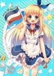  1girl :d animal apron bangs blonde_hair blue_hairband blue_ribbon blue_sailor_collar blue_sky blush bow breasts card clouds club_(shape) collarbone commentary_request cup diagonal-striped_background diagonal_stripes diamond_(shape) eyebrows_visible_through_hair fish flag frilled_apron frilled_skirt frills green_eyes hair_ribbon hairband heart highres holding holding_flag long_hair medium_breasts open_mouth original pennant pk_(mukasihasakana) playing_card puffy_short_sleeves puffy_sleeves red_bow ribbon sailor_collar seashell shell shirt short_sleeves skirt sky smile solo spade_(shape) star string_of_flags striped striped_background teacup upper_teeth very_long_hair waist_apron white_apron white_shirt 