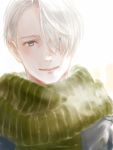  1boy blue_eyes commentary_request green_scarf hair_over_one_eye head_tilt looking_at_viewer male_focus parted_lips romiy scarf smile solo upper_body viktor_nikiforov white_background white_hair yuri!!!_on_ice 