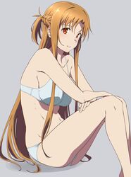  1girl asuna_(sao) bangs blue_bra blue_panties bra braid breasts brown_eyes brown_hair hand_on_own_knee long_hair looking_at_viewer looking_to_the_side medium_breasts navel panties parted_bangs parted_lips puge simple_background sitting strap sword_art_online thighs underwear 