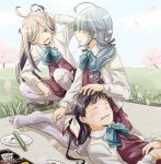  3girls ahoge asashimo_(kantai_collection) asymmetrical_bangs bangs black_hair black_ribbon blue_neckwear blue_sky blush bow bowtie braid brown_eyes cherry_blossoms chopsticks closed_eyes collared_shirt dress fujinami_(kantai_collection) gradient_hair grass grey_eyes grey_hair grey_legwear hair_over_eyes hair_over_one_eye hair_over_shoulder hair_ribbon halterneck hamanami_(kantai_collection) hand_on_another&#039;s_head hand_on_own_leg hands_on_stomach kantai_collection long_hair long_sleeves looking_at_another multicolored_hair multiple_girls obentou open_mouth outdoors pantyhose petals plate ponytail purple_hair ribbon school_uniform scratching_head shakeda_mamoshirou sharp_teeth shirt side_ponytail silver_hair single_braid sitting skirt sky sleeveless sleeveless_dress smile squatting teeth white_shirt yokozuwari 