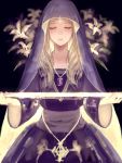  1girl bangs blonde_hair closed_eyes closed_mouth dress eyelashes facing_viewer flower gem headpiece holding holding_sword holding_weapon jewelry long_sleeves necklace original parted_bangs purple_dress romiy sash solo sword veil weapon 