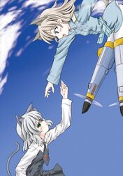  animal_ears blue_eyes eila_ilmatar_juutilainen green_eyes jinmaryu multiple_girls outstretched_arm outstretched_hand pantyhose reaching sanya_v_litvyak strike_witches tail white_legwear white_pantyhose 