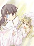  bridal_veil bride carrying dress elbow_gloves eyepatch glasses gloves multiple_girls perrine_h_clostermann princess_carry sakamoto_mio strike_witches tiara veil wedding wedding_dress yuri 