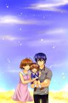  antenna_hair blue_eyes blue_hair brown_eyes brown_hair clannad family furukawa_nagisa hat highres husband_and_wife okazaki_tomoya okazaki_ushio school_uniform short_hair sky sparkle translated translation_request 