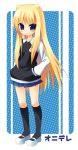  blonde_hair blue_eyes blush hands_in_pockets ikushima_saya long_hair onidere sazaki_ichiri skirt socks 