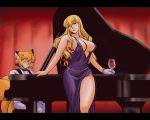  animal_ears azuki_osamitsu blonde_hair breasts cleavage contemporary cup curvy dress drink evening_dress evening_gown formal fox_ears fox_tail gloves grand_piano impossible_clothes impossible_dress instrument large_breasts lipstick long_hair no_hat no_headwear one_glove piano shouzu_choukou side_slit single_glove smile tail touhou wine wine_glass yakumo_ran yakumo_yukari 