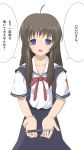  brown_hair clannad long_hair miicha miyazawa_yukine pen school_uniform translated translation_request 