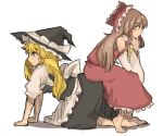  all_fours barefoot blonde_hair bow brown_eyes brown_hair detached_sleeves feet hair_bow hakurei_reimu hat human_chair human_furniture kirisame_marisa multiple_girls oekaki orange_eyes profile rough simple_background sitting sitting_on_person touhou umakatsuhai witch_hat 