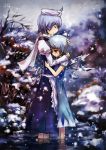  blue_hair cirno closed_eyes comforting hand_on_head highres hug jq letty_whiterock multiple_girls ribbon scarf short_hair snow tears touhou wading water 