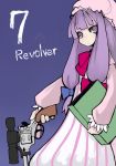  book catysummer crescent gun handgun hat long_hair patchouli_knowledge purple_hair revolver ribbon solo touhou trigger_discipline weapon 