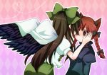  animal_ears braid brown_hair cat_ears hair_ribbon kaenbyou_rin multiple_girls red_eyes red_hair redhead reiuji_utsuho ribbon satoimoya touhou twin_braids wings 