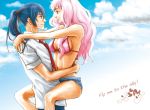  1girl blue_eyes breasts carrying cleavage couple hug long_hair macross macross_frontier pink_hair saotome_alto sheryl_nome 