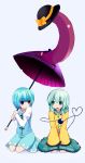  blue_hair green_eyes hat heterochromia highres himegi karakasa karakasa_obake komeiji_koishi multiple_girls short_hair silver_hair tatara_kogasa tongue touhou umbrella 