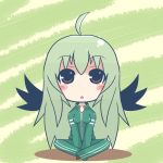  :o amagiku bad_id blush breasts brown_eyes chibi green_hair indian_style long_hair rozen_maiden shoes sitting solo suigintou track_suit v_arms wings 