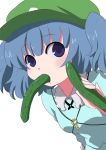  blue_hair cucumber face hat ica_(artist) kawashiro_nitori key mouth_hold short_hair touhou 