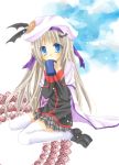  bad_id blue_eyes buttons cape cloud clouds hat kazato_amane little_busters! little_busters!! long_hair noumi_kudryavka ribbon silver_hair sitting sky thighhighs 