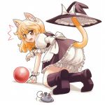  all_fours animal_ears ball blonde_hair bloomers cat_ears cat_tail fang hat hat_removed headwear_removed kemonomimi_mode kirisame_marisa looking_back tail tail_hold tdk touhou toy_mouse witch_hat wrist_cuffs yellow_eyes 