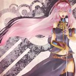  bare_shoulders closed_eyes headphones long_hair megurine_luka microphone microphone_stand pink_hair rioko singing thigh-highs thighhighs vocaloid wristband wristbands 