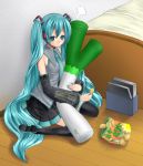  aqua_hair bad_id bed detached_sleeves hatsune_miku headset jenny_(artist) kneeling long_hair nail_polish necktie potato_chips skirt spring_onion thigh-highs thighhighs twintails very_long_hair vocaloid 