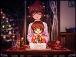  cake candle champagne christmas christmas_tree clannad food furukawa_nagisa goblet moonknives mother_and_daughter mutsuki_(moonknives) okazaki_ushio open_mouth orange_soda pastry smile 