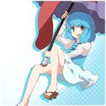  blue_hair geta h@ll hall heterochromia karakasa karakasa_obake legs oriental_umbrella red_eyes smile solo tatara_kogasa tongue touhou umbrella 