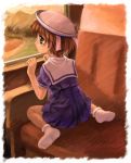  brown_hair child clannad hat kneeling moonknives mutsuki_(moonknives) okazaki_ushio school_uniform short_hair solo train train_interior 