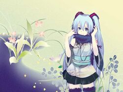  1024x768 blue_hair hatsune_miku headphones japanese_clothes long_hair skirt smile thighhighs twintails vocaloid wallpaper 