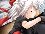  game_cg gloves hug kiss natuya nayuta_(triptych) nimura_yuuji riona short_hair silver_hair triptych white_hair 
