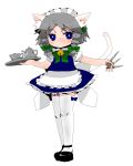  bad_id bell blue_eyes bow braid cat_bell cat_ears cat_tail grey_hair hair_bow hairband izayoi_sakuya jingle_bell kettle knife short_hair silver_hair simple_background tail thigh-highs thighhighs touhou tray twin_braids yuto_mochi zettai_ryouiki 
