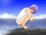  ayane ayane_(doa) dead_or_alive hybrid_cat ocean one-piece one-piece_swimsuit purple_hair red_eyes sandals short_hair swimsuit white_swimsuit 