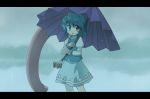  1girl asyura7 blue_eyes blue_hair heterochromia highres karakasa_obake open_mouth rain red_eyes short_hair skirt solo tatara_kogasa tongue touhou umbrella water 