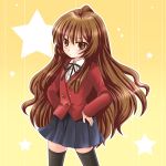  bad_id brown_eyes brown_hair hands_on_hips long_hair lowres minatsuki_izumi school_uniform thigh-highs thighhighs toradora! 