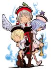  blonde_hair blue_hair chair grey_hair hat instrument lunasa_prismriver lyrica_prismriver merlin_prismriver multiple_girls siblings sisters sonson_(eleven) touhou trumpet violin wings 