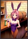  bunny_ears bunnysuit drink drinks goblet green_eyes highres master_of_epic mogmog pantyhose pink_hair rabbit_ears short_hair tray 