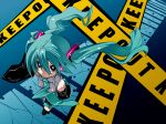  aqua_hair bad_id caution_tape detached_sleeves from_above gan hatsune_miku keep_out long_hair necktie skirt thigh-highs thighhighs twintails very_long_hair vocaloid zettai_ryouiki 