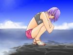  ayane ayane_(doa) bikini_top dead_or_alive hybrid_cat midriff ocean purple_hair red_eyes sandals short_hair shorts 