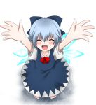  blue_hair carry_me cirno closed_eyes fang foreshortening hands happy incoming_hug marimozuku smile touhou wings 