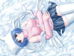  blue_hair blush brown_eyes detached_sleeves feathers hat impossible_clothes impossible_shirt kitazato_shigure lying on_back shirt short_hair skirt snow_(game) striped thigh-highs thighhighs white_legwear white_thighhighs zettai_ryouiki 
