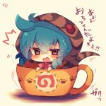  /\/\/\ 1girl bangs blue_hair blush bow brown_eyes chibi cup eyebrows_visible_through_hair hair_between_eyes hood hoodie in_container in_cup japari_symbol kemono_friends looking_at_viewer muuran open_mouth pink_bow signature snake_tail solo striped_hoodie striped_tail sweat tail translation_request tsuchinoko_(kemono_friends) wavy_mouth 