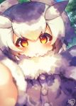  1girl bangs blue_sky blush commentary_request day drooling eyebrows_visible_through_hair fur-trimmed_sleeves fur_collar fur_trim grey_coat grey_hair hair_between_eyes hair_wings highres kemono_friends long_sleeves multicolored_hair muuran northern_white-faced_owl_(kemono_friends) orange_eyes outdoors outstretched_arm parted_lips signature sky solo white_hair 