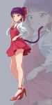  1girl blush bow cat_tail chocokin closed_mouth dress fang gegege_no_kitarou grey_background hair_bow long_legs looking_at_viewer nekomusume nekomusume_(gegege_no_kitarou_6) pointy_ears purple_hair red_bow red_dress shoes short_hair signature smile solo standing tail yellow_eyes zoom_layer 