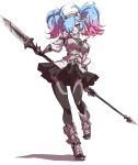  1girl armor black_skirt blue_hair breastplate fire_emblem fire_emblem_if full_body gauntlets gluteal_fold gradient_hair hair_over_one_eye high_heels long_hair looking_at_viewer mazume multicolored_hair pantyhose parted_lips pieri_(fire_emblem_if) pink_hair polearm red_eyes simple_background skirt smile solo spear twintails weapon white_background 