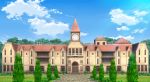  balcony blue_sky building bush chimney clock clock_tower clouds cloudy_sky commentary_request day door grass nagitake_(pixiv30710477) no_humans plant potted_plant scarlet_devil_mansion scenery sky stone_walkway touhou tower tree window 
