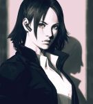  1girl closed_mouth collared_shirt dress_shirt earpiece expressionless guweiz highres jacket light lips looking_at_viewer monochrome open_clothes open_jacket original shadow shirt short_hair solo upper_body wing_collar 