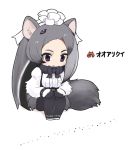  1girl :| animal_ears ant anteater_ears anteater_tail black_bow black_gloves black_legwear bow breast_pocket center_frills character_name chibi clenched_hands closed_mouth cross-laced_clothes drooling expressionless eyebrows forehead frills full_body fur_collar giant_anteater_(kemono_friends) gloves gradient_hair grey_hair hair_ornament hair_ribbon hairpin hands_on_own_knees insect japari_symbol kemono_friends legs_together long_hair long_sleeves looking_down moru_(monaka) multicolored_hair no_nose pantyhose pocket ribbon simple_background sitting solo tail tsurime underbust violet_eyes white_background white_footwear white_hair white_ribbon 
